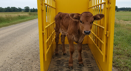 Curious brown calf standing in a yellow cattle chute on a rural farm road with green fields