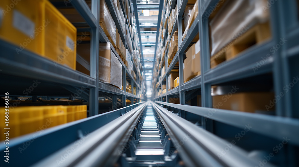 Poster automated storage and retrieval system in action, highlighting real‑time tracking, warehouse optimiz