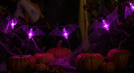 glowing purple bat string lights illuminating pumpkins and spider webs in spooky halloween night decor