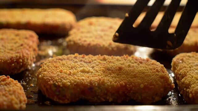 Breaded cutlets are cooking in oil on a metal pan, under hot lights, in a kitchen