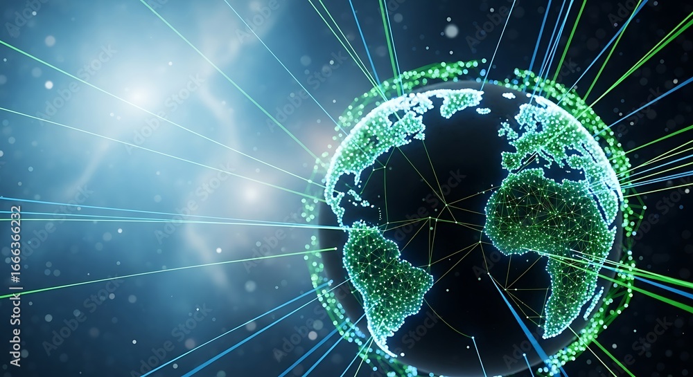 Poster global digital network connecting earth with glowing lines and data flow