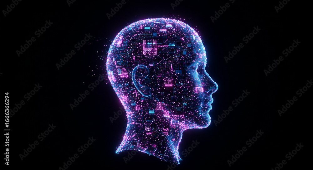 Poster digital human head silhouette with glowing circuits symbolizing artificial intelligence and future t