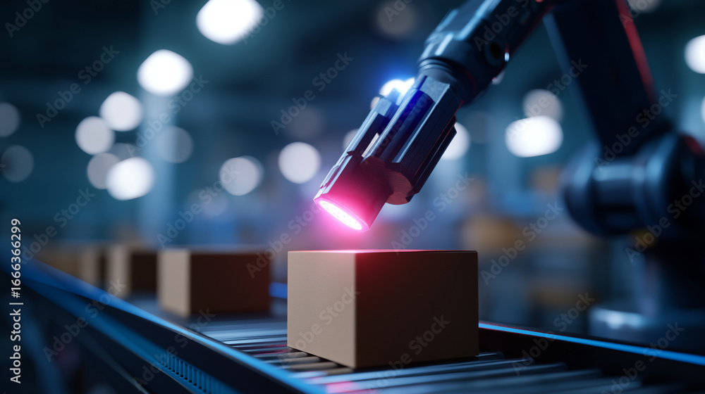 Poster ai-powered robotic arm for quality control in warehouse automation, highlighting real‑time tracking,