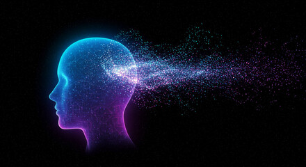 Obraz premium Vibrant neon human head with digital brain and energy flow, perfect for AI concepts