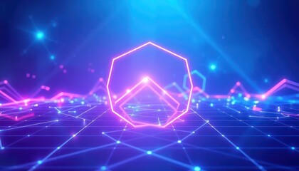 Futuristic digital landscape with glowing neon lines and polygons forming a network grid, symbolizing data, connection, and advanced technology. Ideal for tech, business, and innovation concepts.