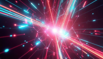 Dynamic abstract background with glowing red and blue light trails and interconnected network. Symbolizing data flow, speed, and digital technology for AI, communication, and innovation concepts.