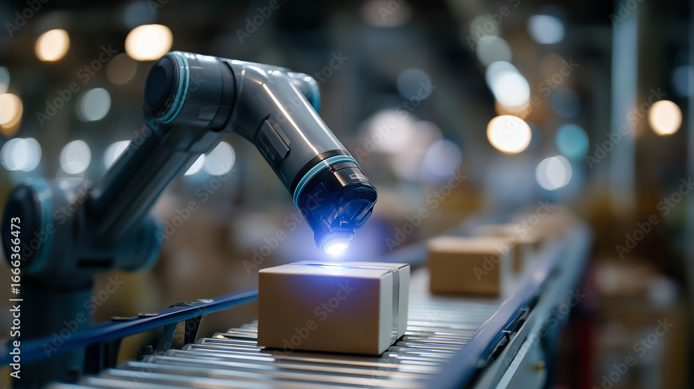 Poster ai robotics quality control inspection on conveyor line, showcasing smart logistics, predictive plan