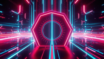 Dynamic futuristic digital tunnel with vibrant neon blue and red lights. Represents advanced technology, cyberspace, data flow, or virtual reality.