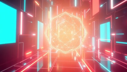 Abstract glowing polyhedral sphere in a neon-lit futuristic tunnel, representing data, artificial intelligence, and digital connectivity. Ideal for technology, innovation, or internet concepts.