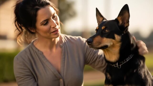 Woman in Gray Dress Sitting on Lawn Stroking Black and Brown Kelpie Australian Shepherd Dog in Warm Sunlight and Outdoor Rural Environment