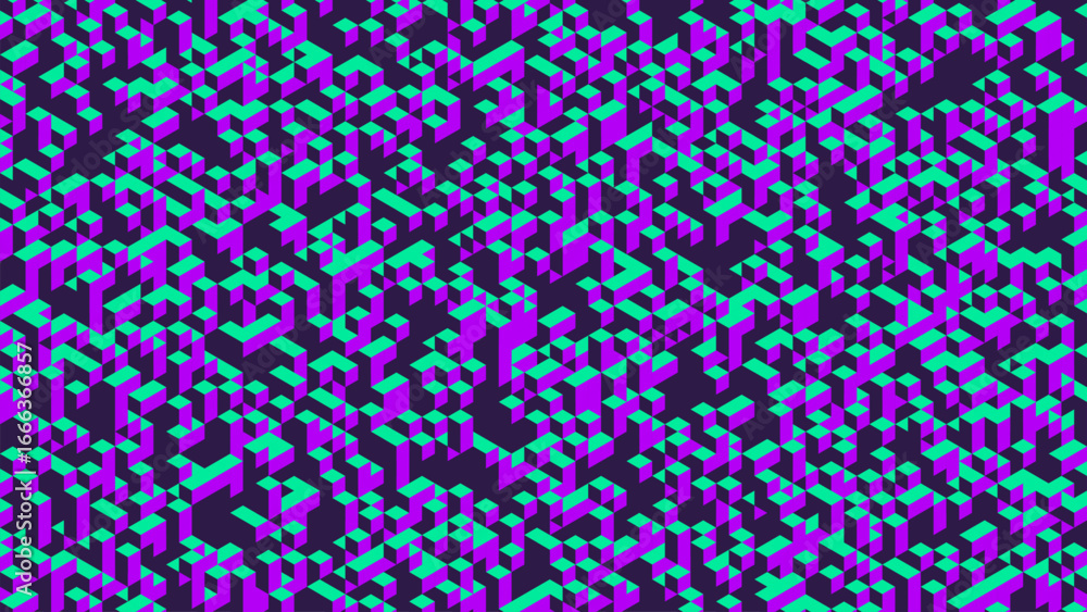 Poster voxel chaos filled with isometric countless tiny cubes arranged in irregular geometric structure. fu