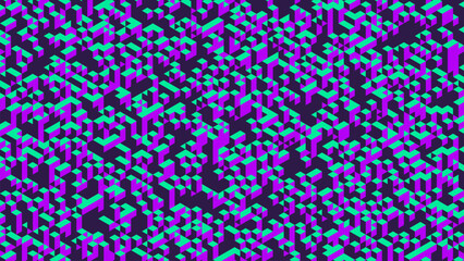 Voxel chaos filled with isometric countless tiny cubes arranged in irregular geometric structure. Futuristic chaotic voxel cubes. Voxel art for futuristic digital artwork or creative visualization