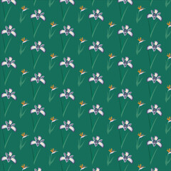 Seamless floral pattern featuring elegant iris and tropical bird of paradise flowers on a green background. Perfect for textile design, wallpaper, gift wrap, and digital prints.