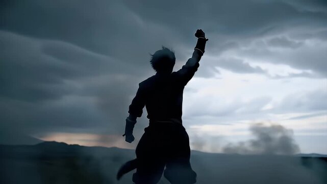 Figure stands with raised fist against a cloudy sky, suggesting aspiration