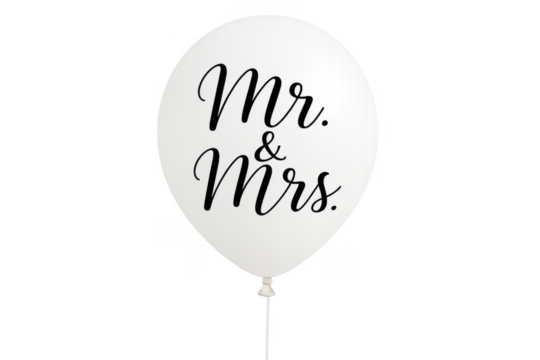 White balloon celebrating wedding with mr and mrs writing on transparent background - Powered by Adobe