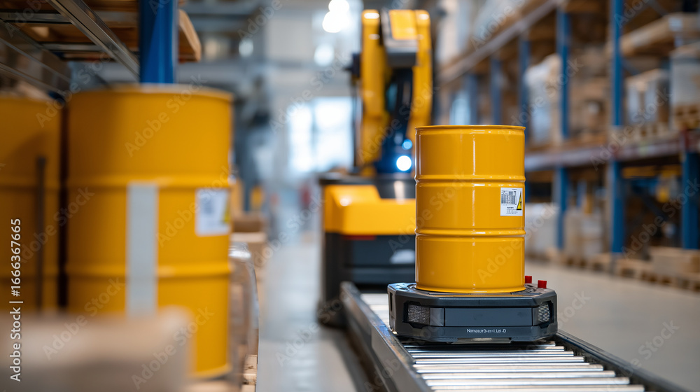 Poster robotic system for safe handling of hazardous materials, highlighting real‑time tracking, warehouse 