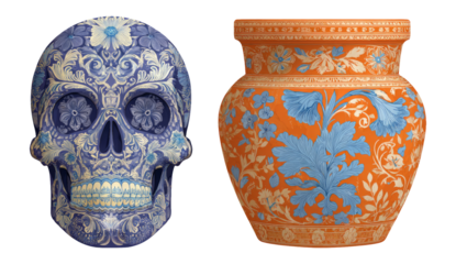 Artistic Skull and Vase in Blue and Orange Isolated on Background