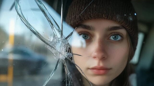 Young woman looking through broken window with serious expression  