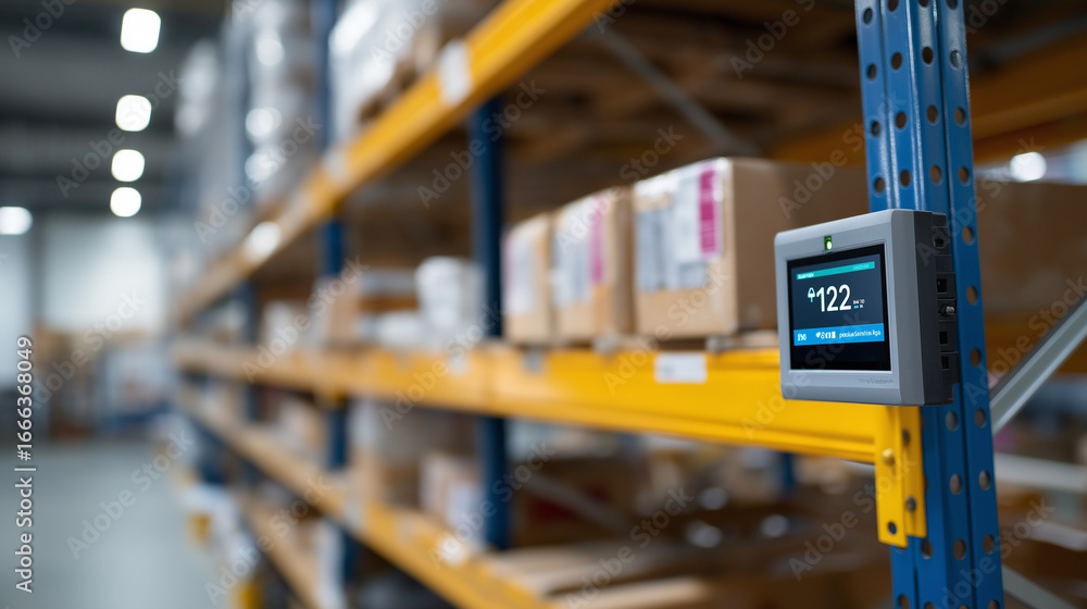 Poster smart shelving units with integrated weight sensors for inventory management, representing route opt