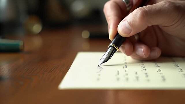 Hand writing with a fountain pen on paper atop a wooden desk, blurred background