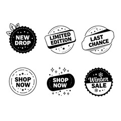 Obraz premium Six Stylish Black and White Sale Badges: New Drop, Limited Edition, Last Chance, Shop Now (two styles), Winter Sale.