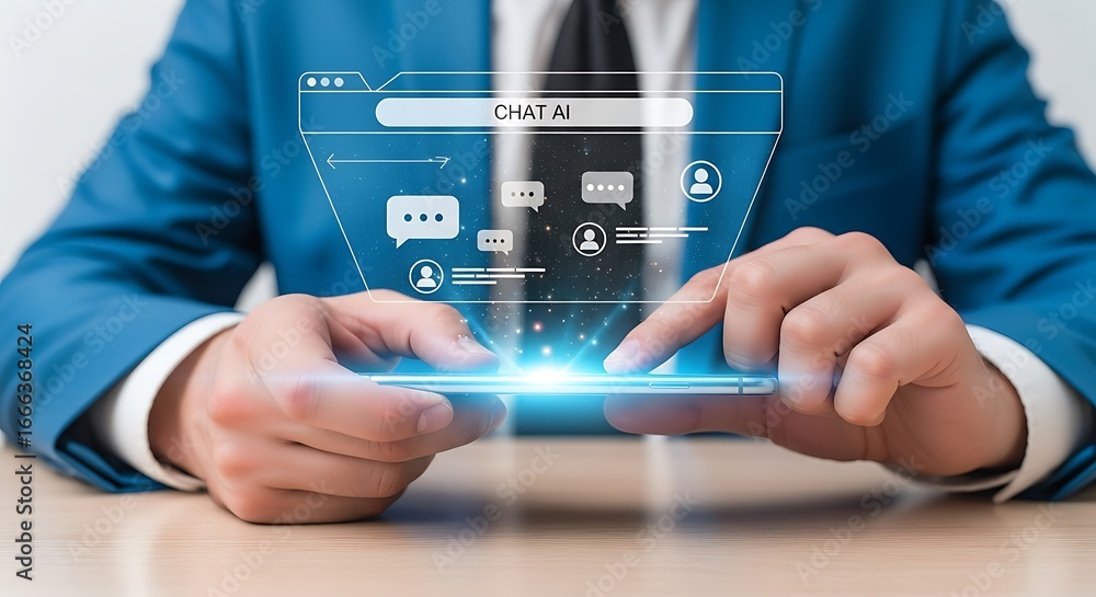 Fototapete Businessman using a smartphone with a virtual interface displaying communication icons, representing modern digital technology and online networking