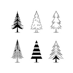 Obraz premium Six Stylish Hand-Drawn Evergreen Tree Icons Black and White Minimalist Christmas Vector Graphics.
