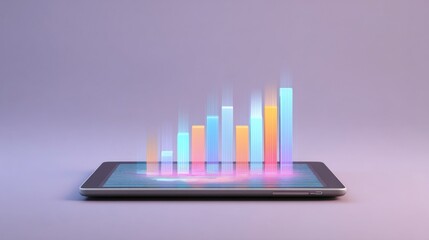 industrial digital dashboard realistic minimal tablet device projecting holographic factory performance charts clean glowing