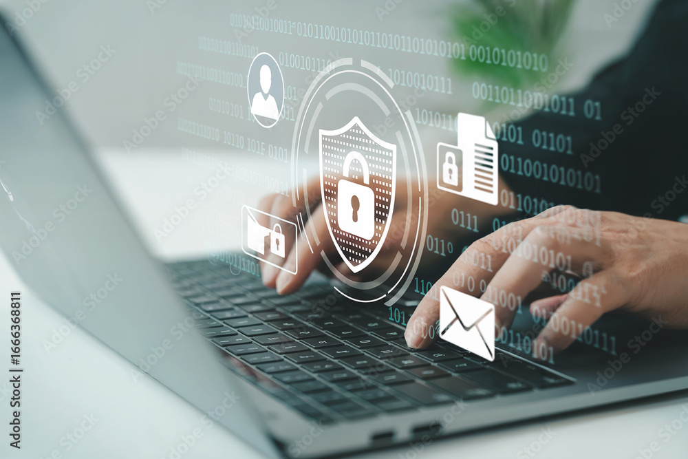 Poster digital security concept protecting data with cyber security network protection and antivirus softwa