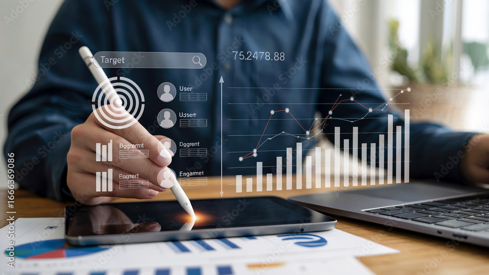 Fototapete close-up of a person using a stylus on a tablet displaying financial charts and data analysis with d
