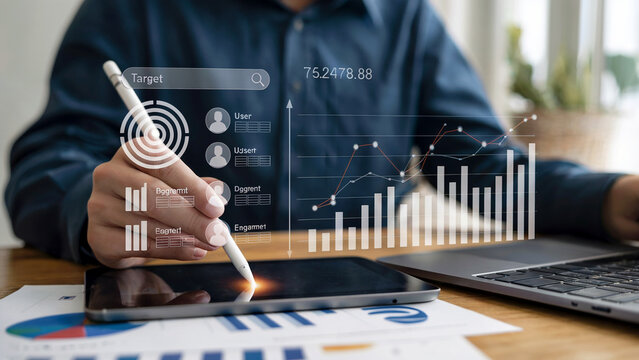 Close-up of a person using a stylus on a tablet displaying financial charts and data analysis with digital overlays enhancing the technology and business concept