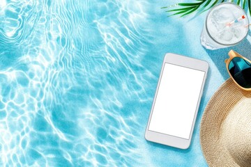 Refreshing summer vibes by the poolside with citrus cocktail, smartphone, and sunglasses