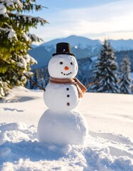 Obraz premium Snowy Snowman in Mountain Winter Landscape, Winter Fun.