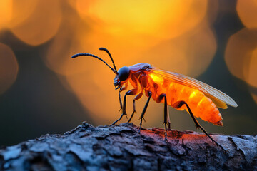 Generative AI macro image of wasp insect on flower in summer forest glowing in warm sunset light with vivid colors