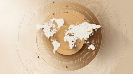 Global logistics travel clean world map circle orbital routes pinpoint markers minimal semi transparent lines radial layout soft earth tone gradient