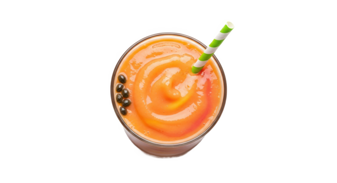 Refreshing orange smoothie in a glass with a green straw and tapioca pearls on a white background