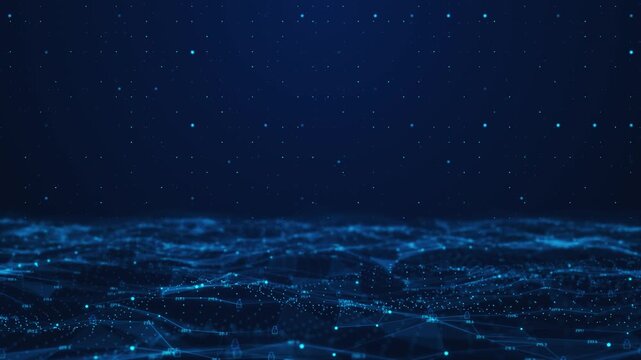 Network waves move across dark digital space lock icons numeric particles. Visual highlight cybersecurity, data flow, protection encryption threats rising digital security systems animated tech visual - Powered by Adobe