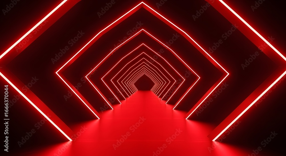 Aufkleber endless red neon geometric tunnel perspective with glowing lines and a reflective floor, creating a 