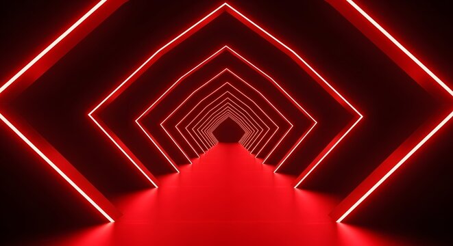 Endless red neon geometric tunnel perspective with glowing lines and a reflective floor, creating a futuristic and abstract digital art background