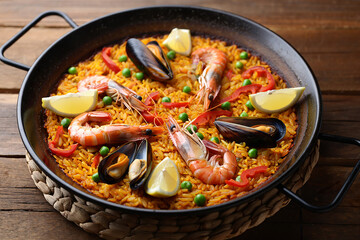 Delicious seafood paella in a traditional pan Keywords: paella, seafood, rice, spanish food