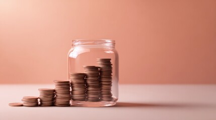 Personal savings roadmap minimal glass jar as a clean cylinder containing stacked coins arranged