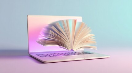 Online education e realistic laptop book screen clean minimal scene soft rim light pastel gradient background lavender pale aqua wide negative space