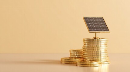 Renewable energy solar finance realistic stack of golden coins arranged neatly with a miniature