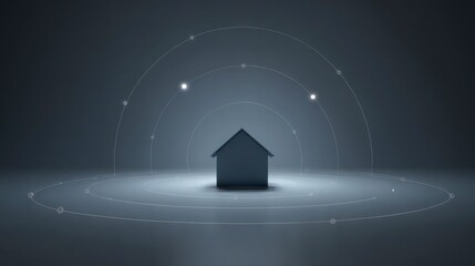 Smart home IoT connectivity minimal house silhouette center orbit lines evenly connection dots circular network layout soft neon accents subtle calm