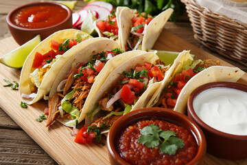 Delicious street tacos with salsa and sour cream Mexican food