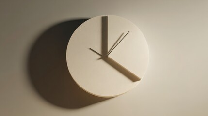 Time management productivity minimal wall clock disk precise pie slice slightly forward subtle notch hands tiny shadows graphic lines smooth matte