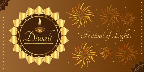 Indian festival Diwali, Festival of Lights, diya lamps, candles, and fireworks, Dhanteras. Happy holiday, gold, shining, bright, creative vector illustrative design, banner, poster, greeting card. 2