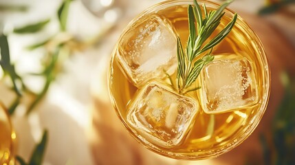Featuring a golden hue with ice cubes and a fresh herb garnish