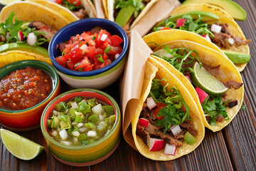 Delicious tacos with fresh salsa and guacamole mexican food