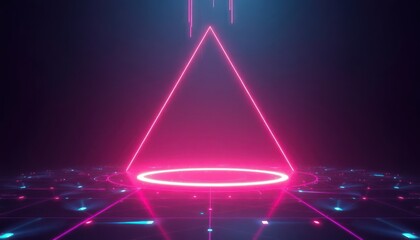 Vibrant neon pink triangle and circle platform in a futuristic digital grid environment, symbolizing innovation, technology, and virtual display.